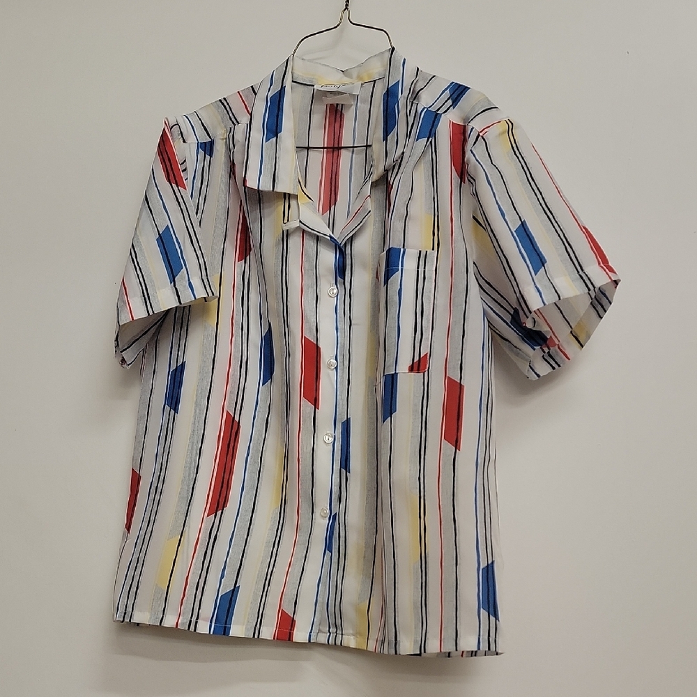 Vintage 70s 80s Colorful Striped Button-Up Shirt Sz 14